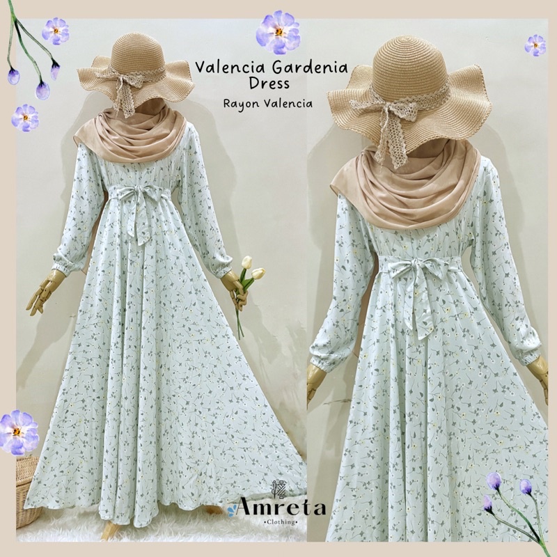 Dress Gamis Busui Rayon valencia Gardenia Mint motif bunga cantik Rok payung baju muslim wanita terb