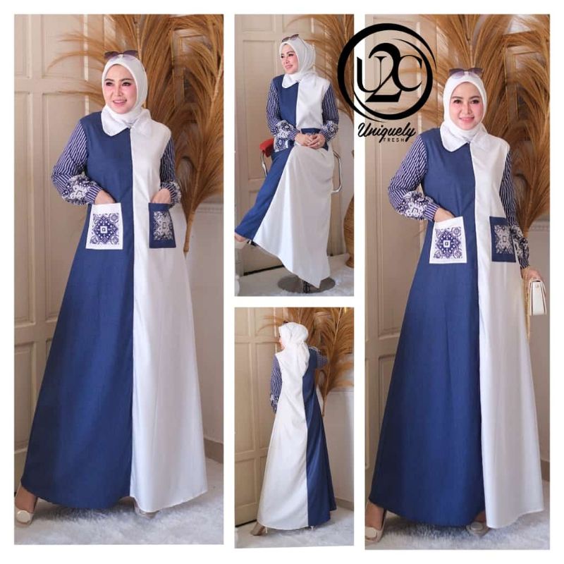 Kartika Dress by U2C • Gamis Batik Biru Putih