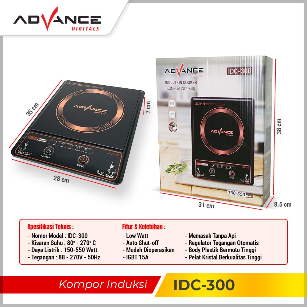 ADVANCE Kompor Induksi 2 Tombol 550W Induction Cooker Bahan Kaca IDC-300