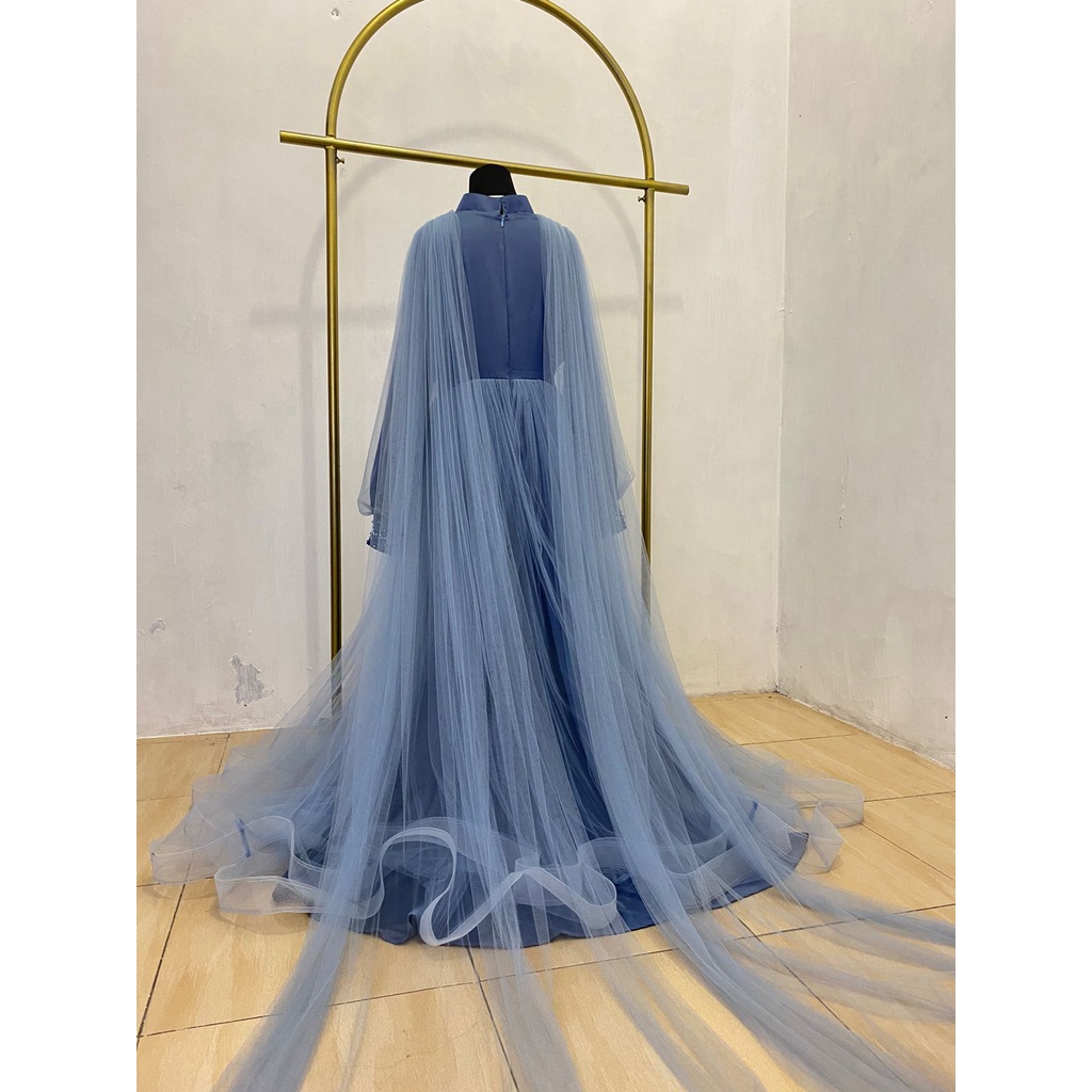 Khadijah Double Tulle Denim Premium | Gaun Pesta | Dress Kondangan | Dress Maternity | dress maternity hijab | gaun maternity