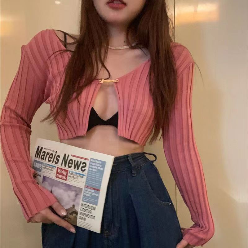 YIU YIU Rajut - Kardigan Wanita Rajut Crop Lengan Panjang Sexy Casual Top