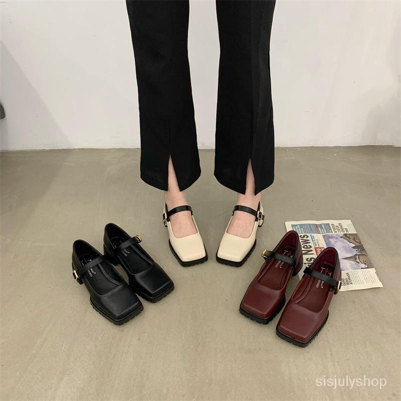 #Sisjuly# Ladies French French retro square toe shoes baru lembut sebuah kata dengan sepatu tunggal