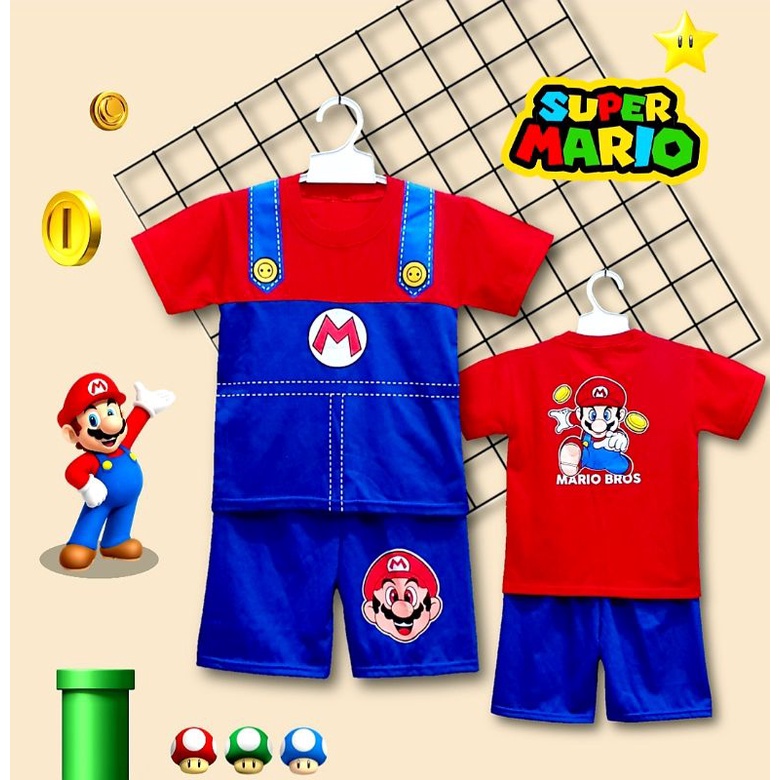 SETELAN KOSTUM PENDEK ANAK SUPERMARIO DAPAT TOPI USIA 1-10THN/SETELAN PENDEK KOSTUM MARIOBROS/TOPI MARIOBROS