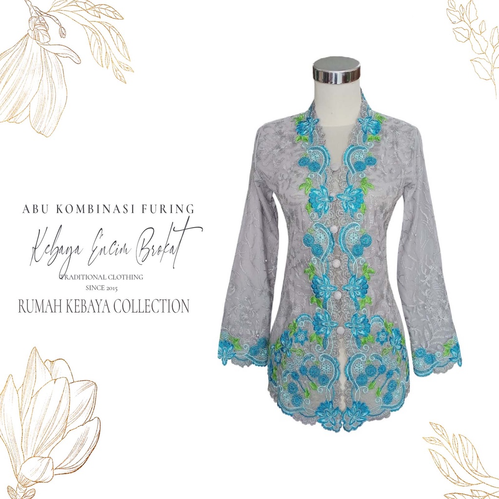 Kebaya Encim Kartini Brokat Modern Lengan Panjang Abu Kombinasi Furing