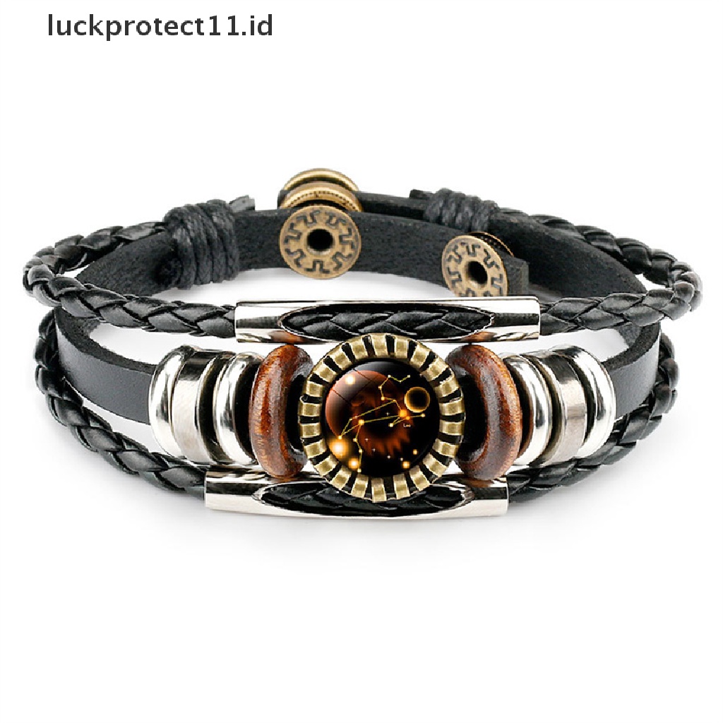 Gelang Kulit Kepang Desain 12 Zodiak Kanker Leo Virgo Libra Warna Hitam Gaya Punk Untuk Pria