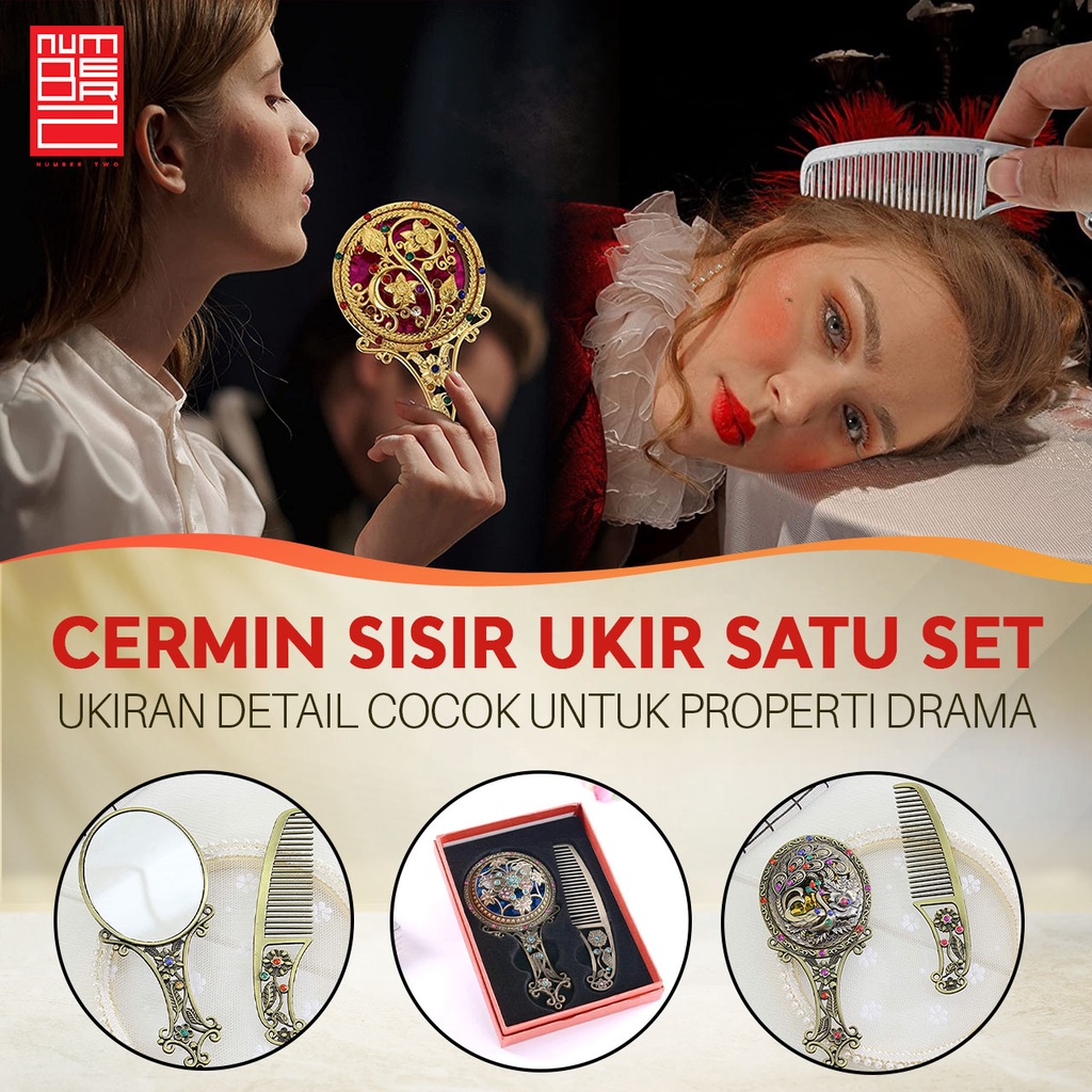 cermin set sisir genggam gagang emas gold mini kecil make up rias souvenir vintage aesthetic estetik