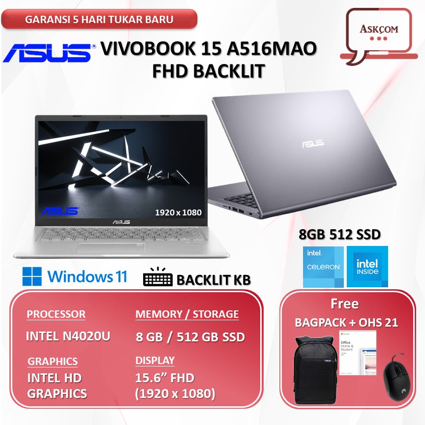 Laptop ASUS Vivobook A516MAO / A416MAO 8GB 256ssd+1TB HDD 14.0&quot;FHD W11+OHS Backlit