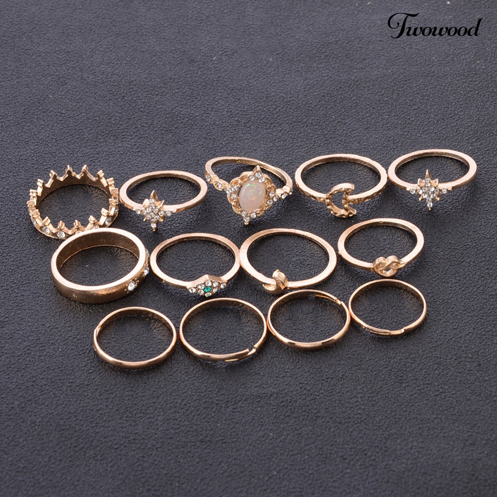 13pcs / Set Cincin Knuckle Midi Bentuk Bulan Bintang Mahkota Opal Tiruan Gaya Boho Untuk Wanita