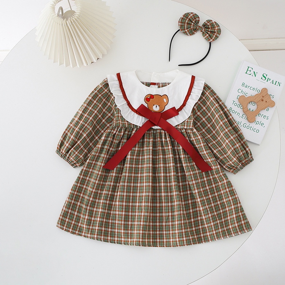 Romper Bayi Perempuan Free Bando Impor / Dress Anak Cewek Motif Kotak Kotak Teddy Bear / Baby Jumper Import