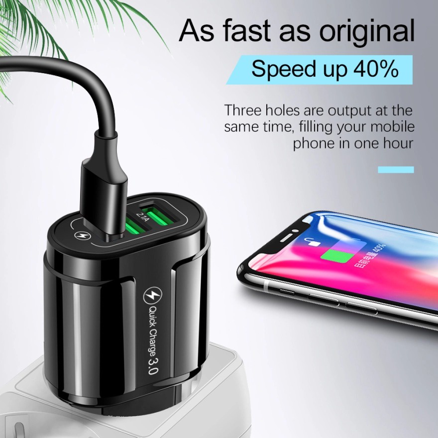 Charger Original 3 USB Port Charger QC3.0 Adaptor Power Oval 2.1A Casan 3 USB port black AH059 - XOBOX