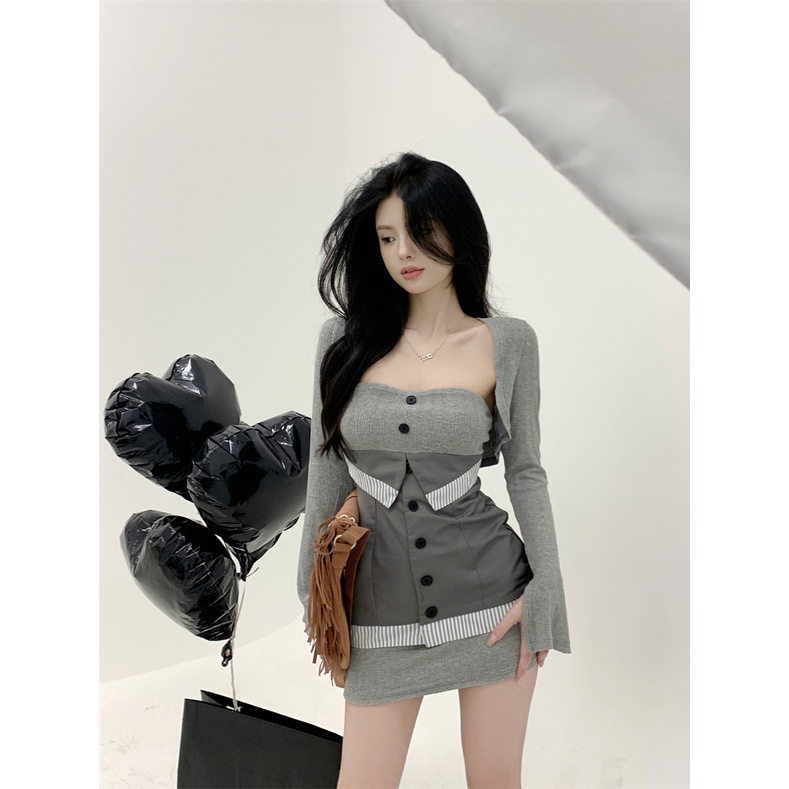 Suhao hot girl tube top dress wanita musim panas one-shoulder keinginan murni paket angin hip rok splicing slim chic pinggang rok