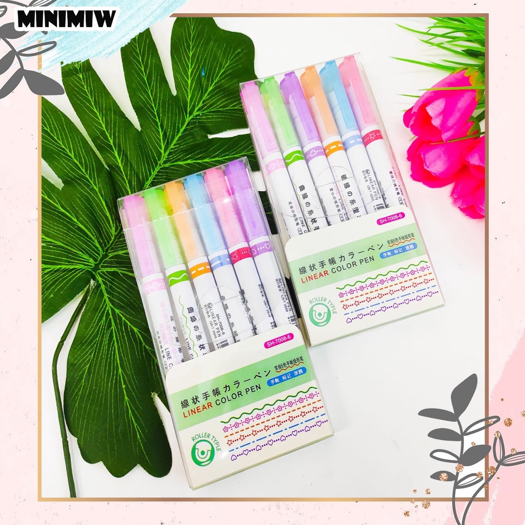 STABILO LINEAR COLOR PEN BERMOTIF 1 BOX DAPAT 6 PCS KODE SH-7008-6 ALAT TULIS UNIK MURAH HIGHLIGHTER PASTEL WARNA WARNI