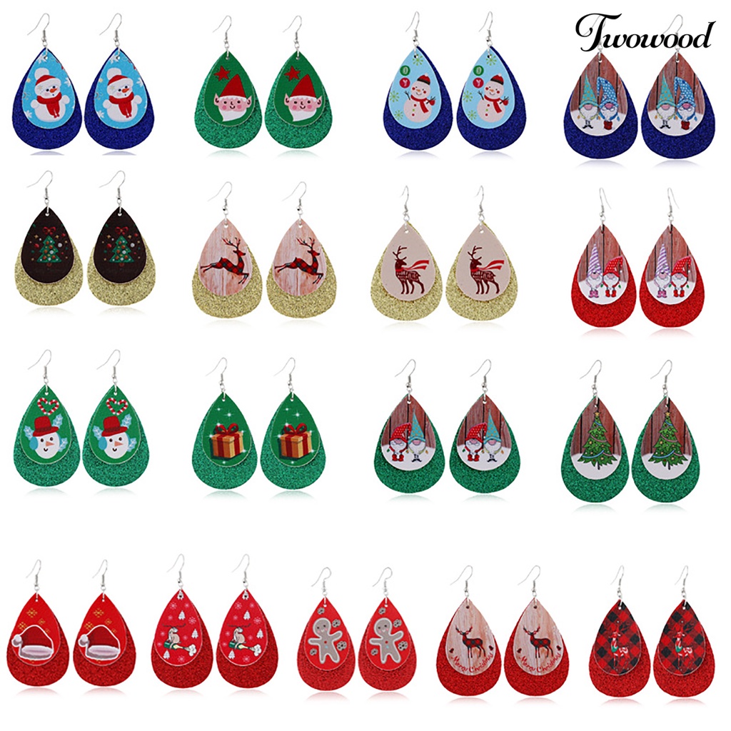 Anting Kait Desain Santa Claus Snowman Elk Bahan Kulit Imitasi Untuk Wanita