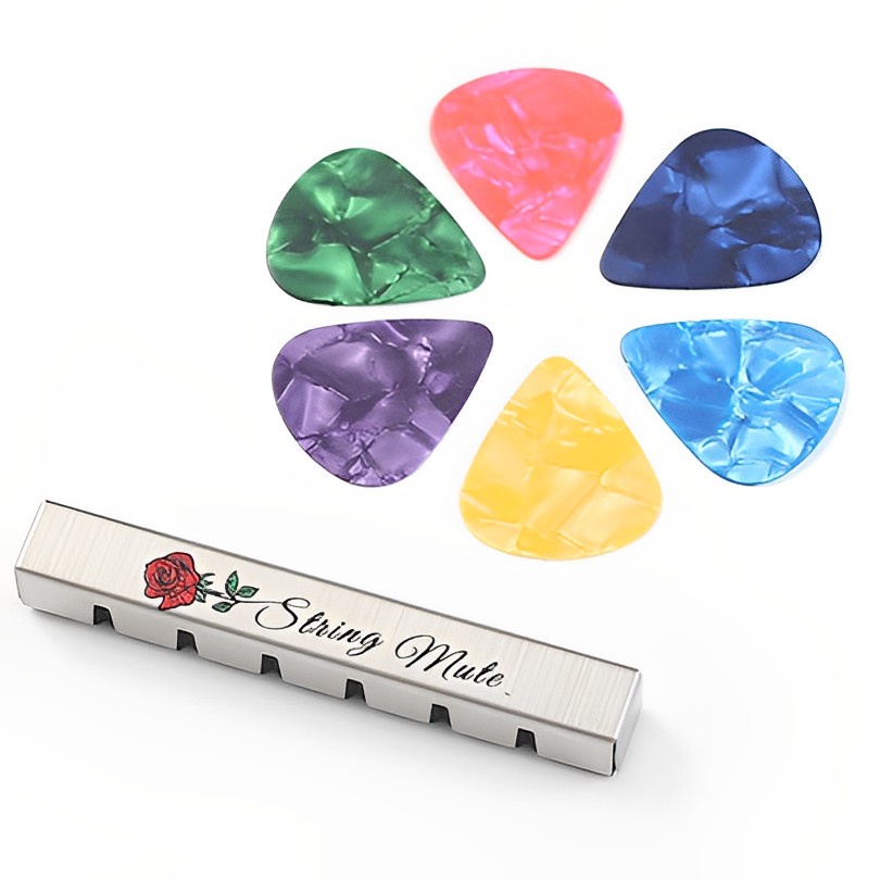 1pc Stempel Mute Bahan Stainless Steel Dengan 6 Pick Untuk Gitar