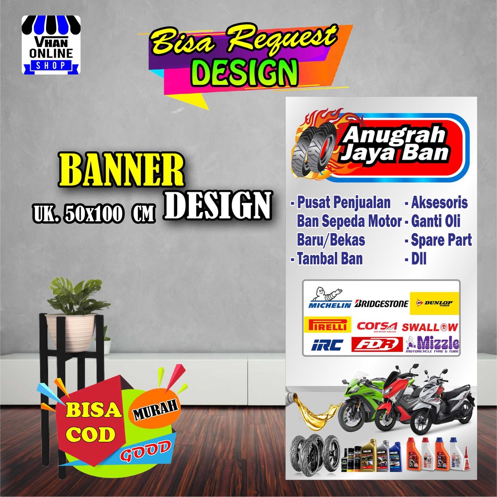 Spanduk Banner Backdrop Toko Ban, Bengkel, Posisi Berdiri Murah, Keren