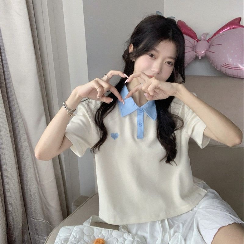 [littlecrab] Kaos Polo Cream Biru Love Bordir Baju Berkerah Motif Simple Elegan Soft Two Tone Color Berkualitas Unik T-shirt Polo Baju Kuliah Kerja Jalan Korean Style