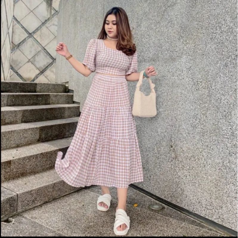 Baju Setelan Wanita One Set Crop Top Sabrina LIANA Korean Skrit Motif Kotak