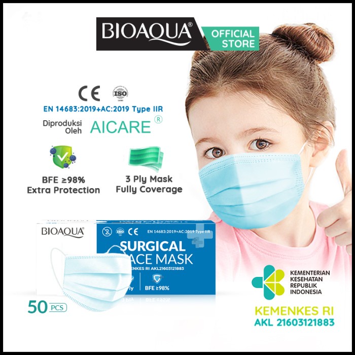 BIOAQUA Disposable Anak Mask EVO Masker wajah Kids 4ply 10pcs/bag - Anak Blue 50pcs