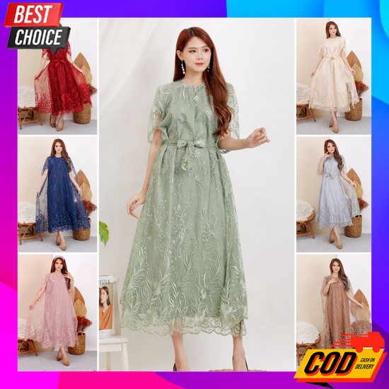 Dress Brukat Wanita Ilaria Dress Brokat Corneli Baju Dres Natal Imlek  (Dijamin Realpict) Long Dres