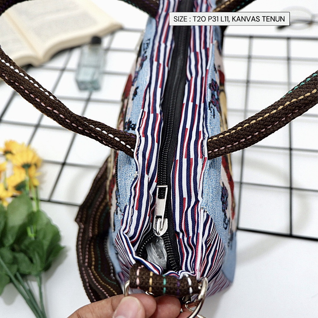 Tas Selempang kekinian Model Kinar kanvas tenun burung hantu owl murah tebal semarang tali panjang kaku oval