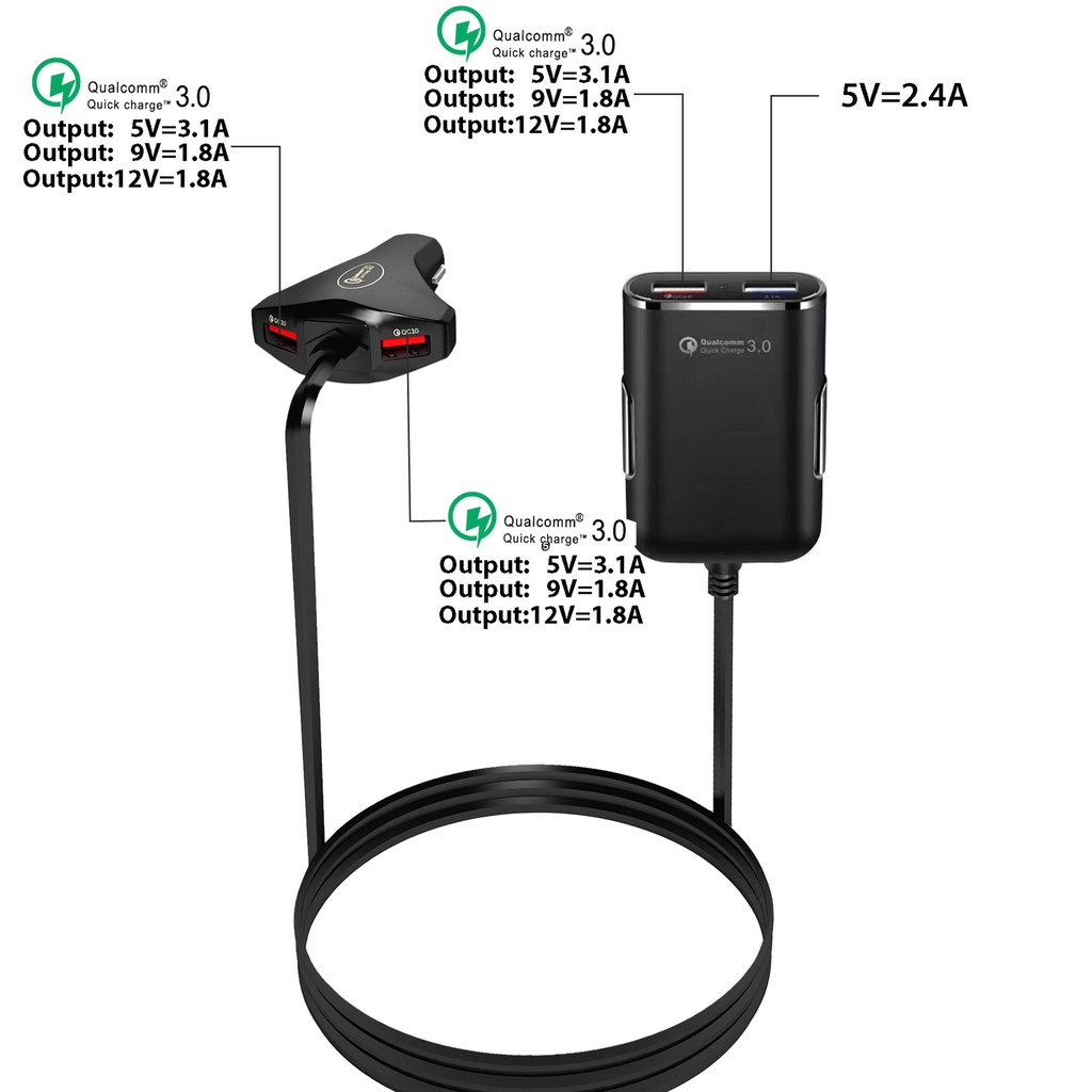 Adaptor Charger Mobil 4 Port USB 3.0 60W 12A Quick Charging Untuk Iphone Android Adoptor