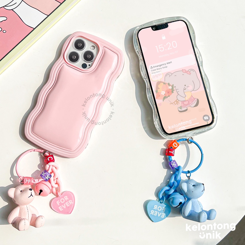 For iPhone - Pastel Colour Wavy Case with Teddy Bear Charm/ Soap Case