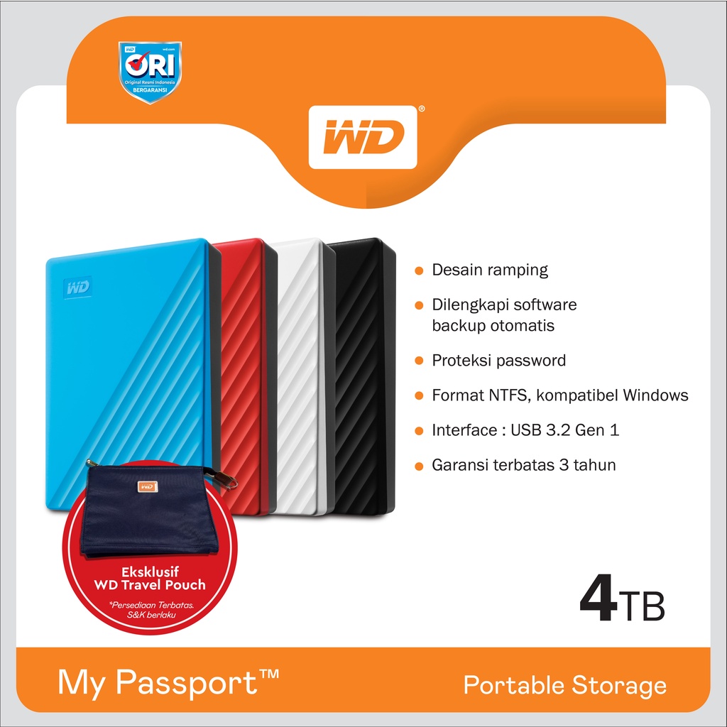 WD My Passport 4TB - HD HDD Hardisk Eksternal External 2.5&quot; USB 3.0