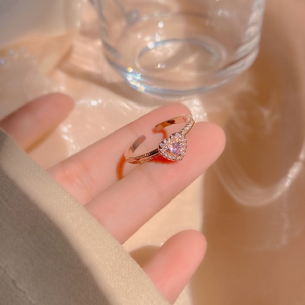 Cincin S925 Silver Rose Gold Bentuk Hati Hias Kristal Berlian Pink Gaya Korea Untuk Wanita