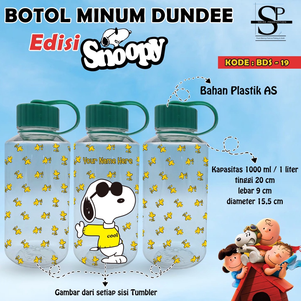 Botol Minum Snoopy 1 Liter Plastik BPA Free Custom Nama