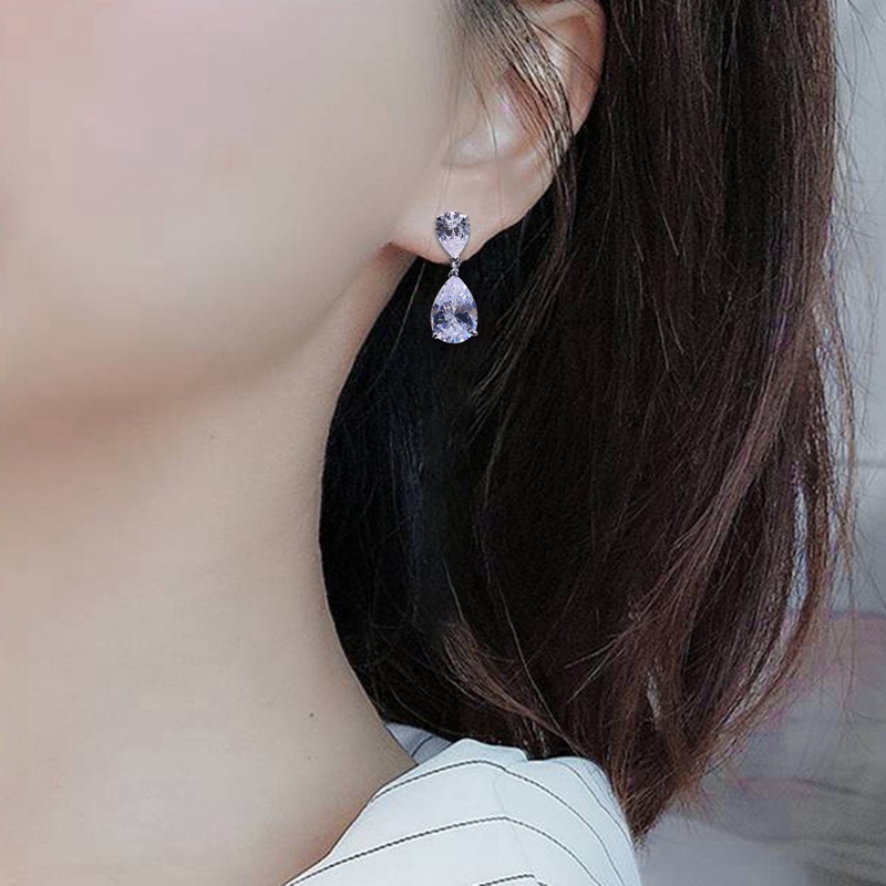 Fancyqube Anting Juntai Bentuk Water Drop Cubic Zirconia Kristal Warna Silver Untuk Wanita