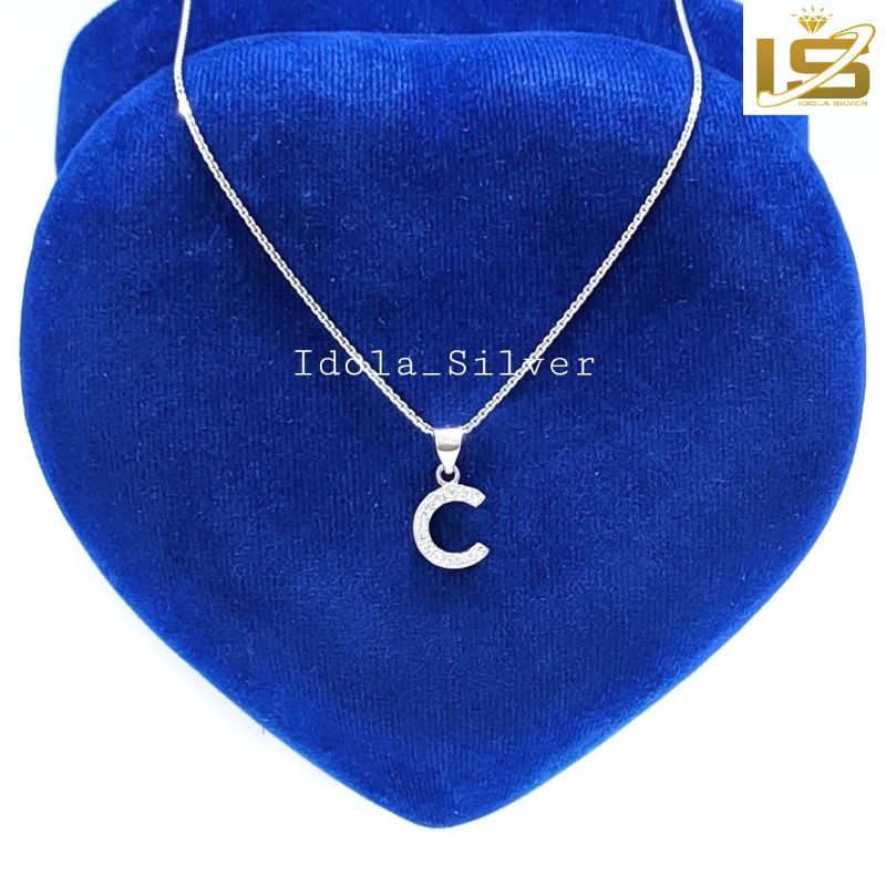 KALUNG PERAK ASLI SILVER 925 LAPIS EMAS PUTIH MODEL LIONTIN HURUF C PERMATA - PERHIASAN PERAK WANITA