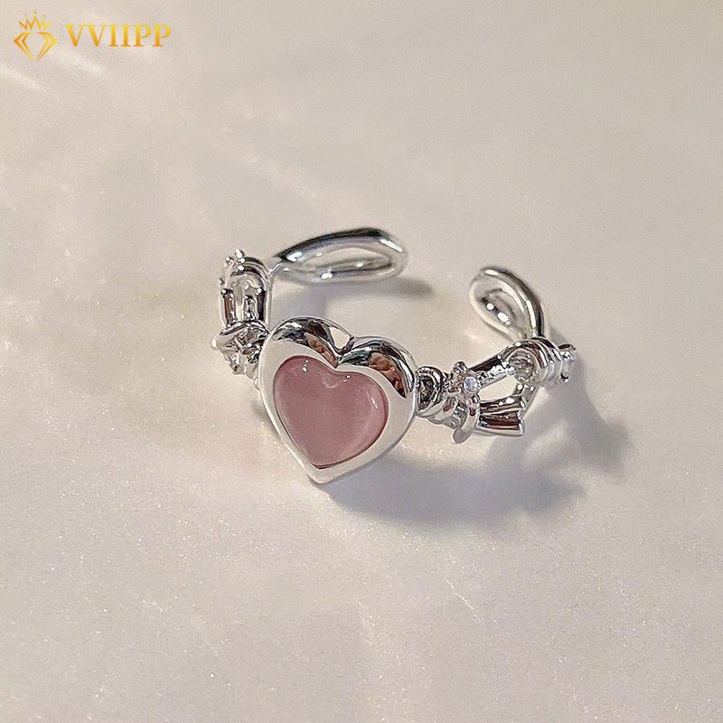 Cincin Silver Hias Batu Bulan Pink Bentuk Hati Untuk Wanita