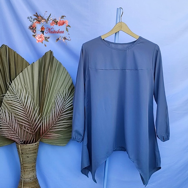 Baju Blouse Wanita Model Panjang Samping - Lengan Panjang Karet Warna Abu Atasan Wanita Kasual Kekinian Korean Style Simple