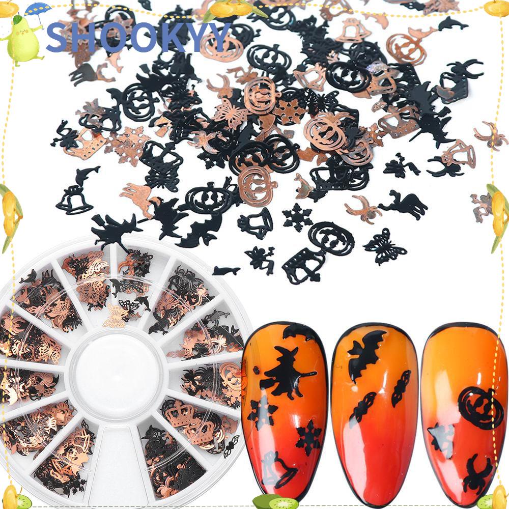 Chooky Sequin Metal Desain Labu / Penyihir / Kepingan Salju Warna Hitam / Emas Untuk Dekorasi Nail Art DIY