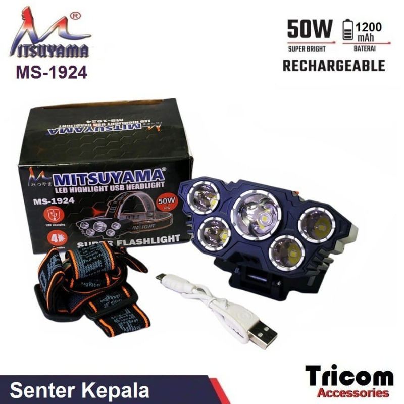 Senter Kepala 50 Watt 5 LED Rechargeable 3 Mode Cahaya - SENTER KEPALA LED USB