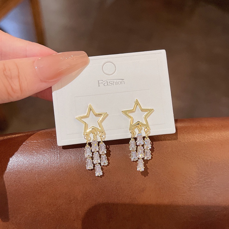 Anting Stud 925 silver needle Bentuk Bintang Aksen Rumbai Bahan Zirkon