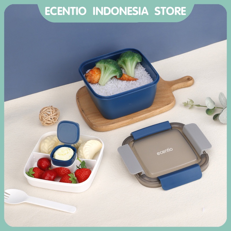 ecentio 1.1L lunch box/kotak bekal/kotak makan/tempat makan double-layer 1100ml anti bocor BPA free wadah saus square