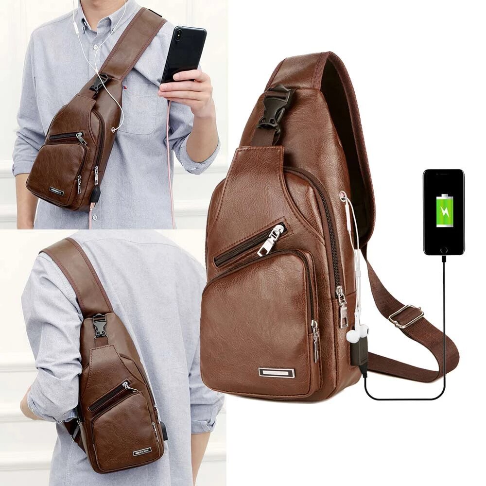 Tas Slempang Waisbag Selempang USB Kulit Sintesis Import FREE Jam Tangan Pria Premium Plus Dompet Pria Panjang Lipat Plus Headset Earphone