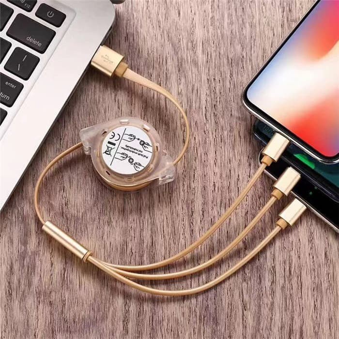 Kabel Charger 3in1 Retractable Micro USB + Lightning + USB Type C Kabel Charger Fast Charger Bisa Untuk Semua Hp