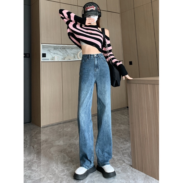 Import Biru Retro Serbaguna Celana Jeans Wanita High Waist Loose