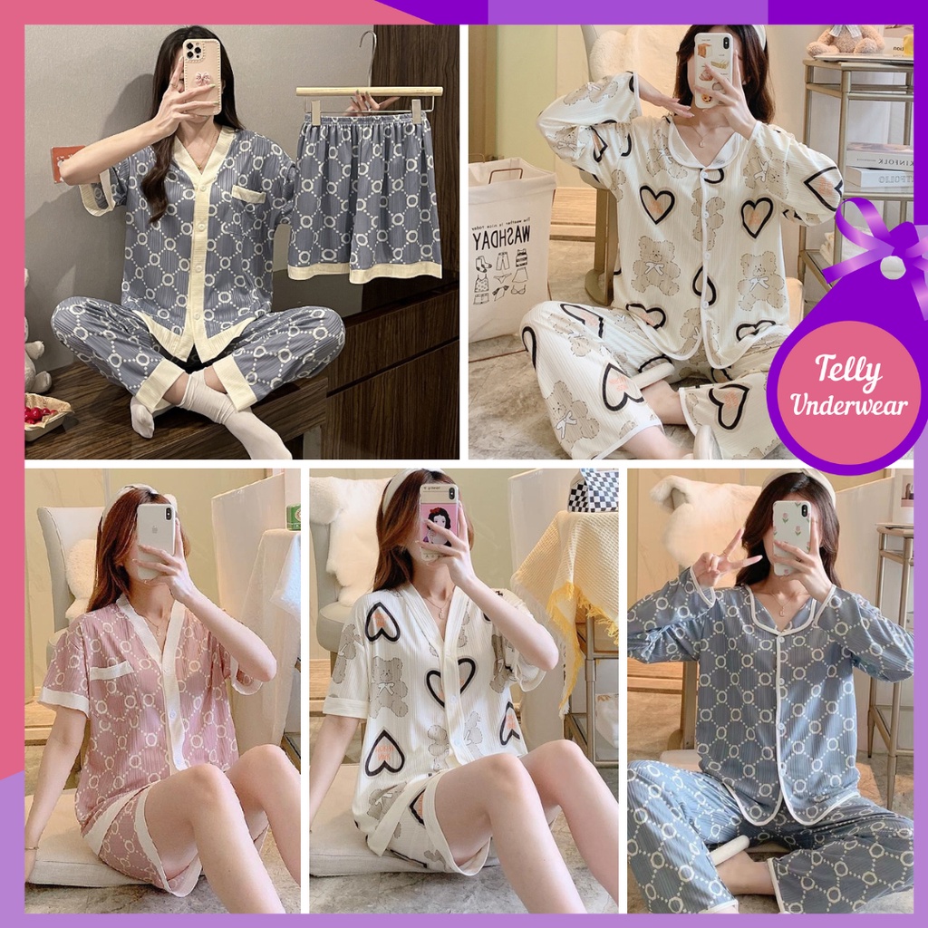 TELLY ➡️ 347 Piyama 3in1 Dewasa Baju Tidur Set Model Kancing Depan Impor Dapat Baju Celana Panjang dan Celana Pendek