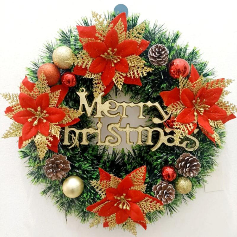 Krans Natal 35 cm Set Komplit Set Hiasan Bunga Daun Gantungan Pintu Wreath Natal.Christmas Gift Murah Ornamen Natal Pita Merah Emas Dekorasi Harga Grosir Termurah