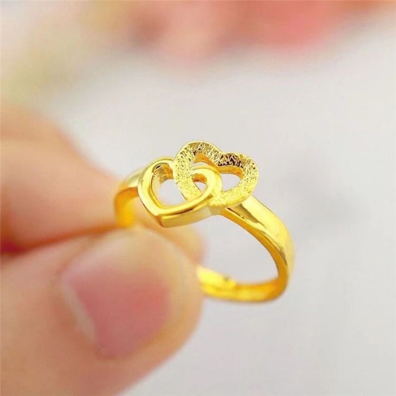 Cincin Model Terbuka Adjustable Desain Hati Ganda Warna Emas Gaya Elegan Untuk Wanita