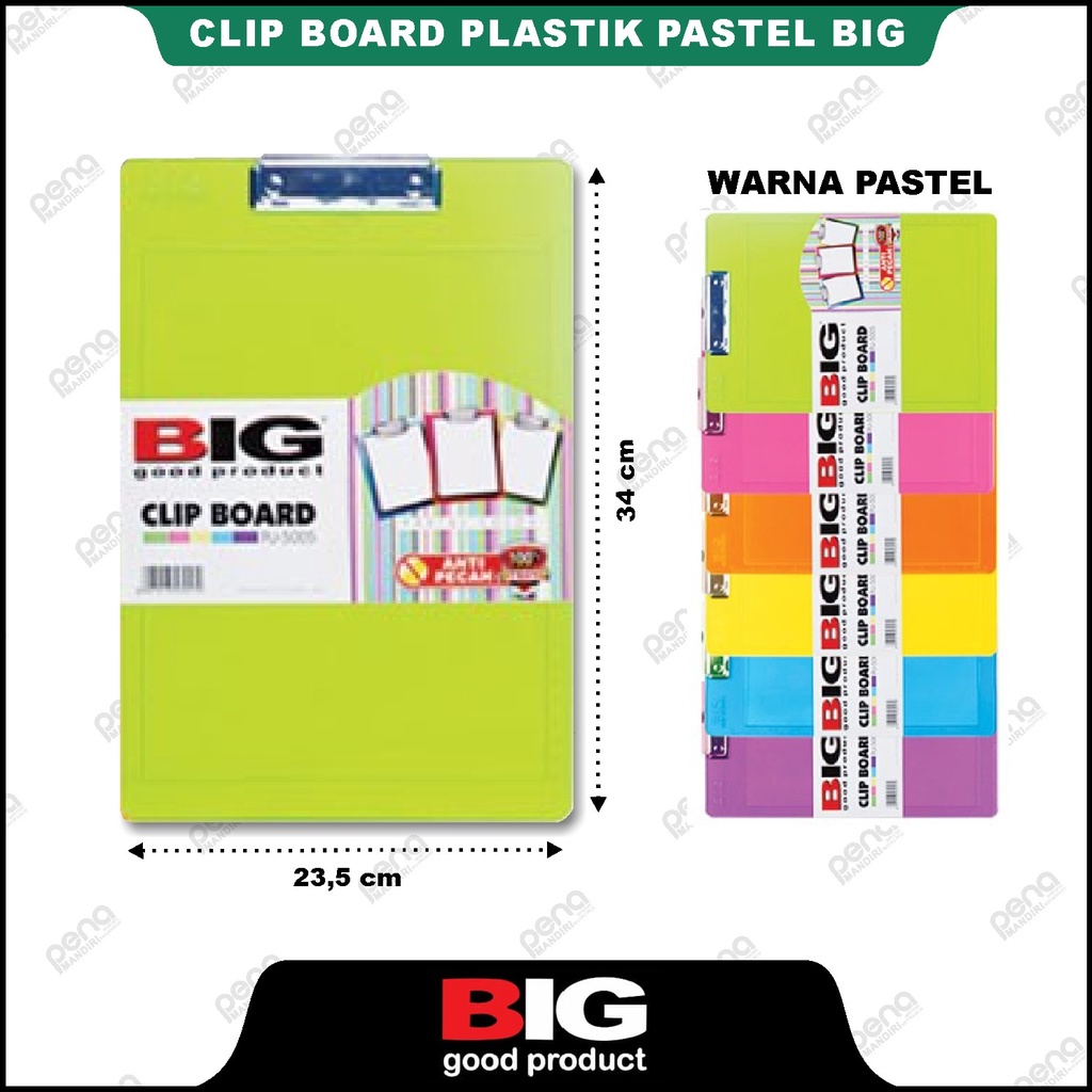 Clip Board Plastik BIG Warna Pastel - Papan Ujian / Papan Jalan Warna Pastel BIG