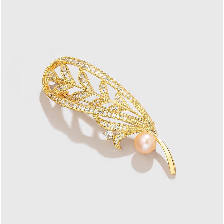 Bros Bentuk Bulu Aksen Mutiara Dan Berlian Imitasi Untuk Wanita