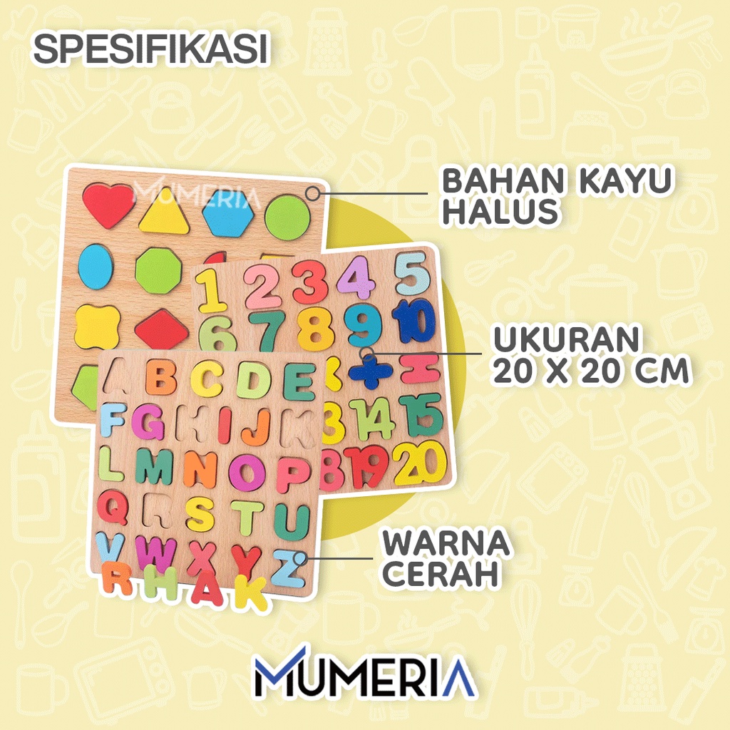 Jigsaw Wooden Chunky Mainan Balok Puzzle Belajar Edukasi Anak Kayu 3D Mengenal Huruf ABC Angka dan Bentuk Abjad Alphabet Murah Bagus