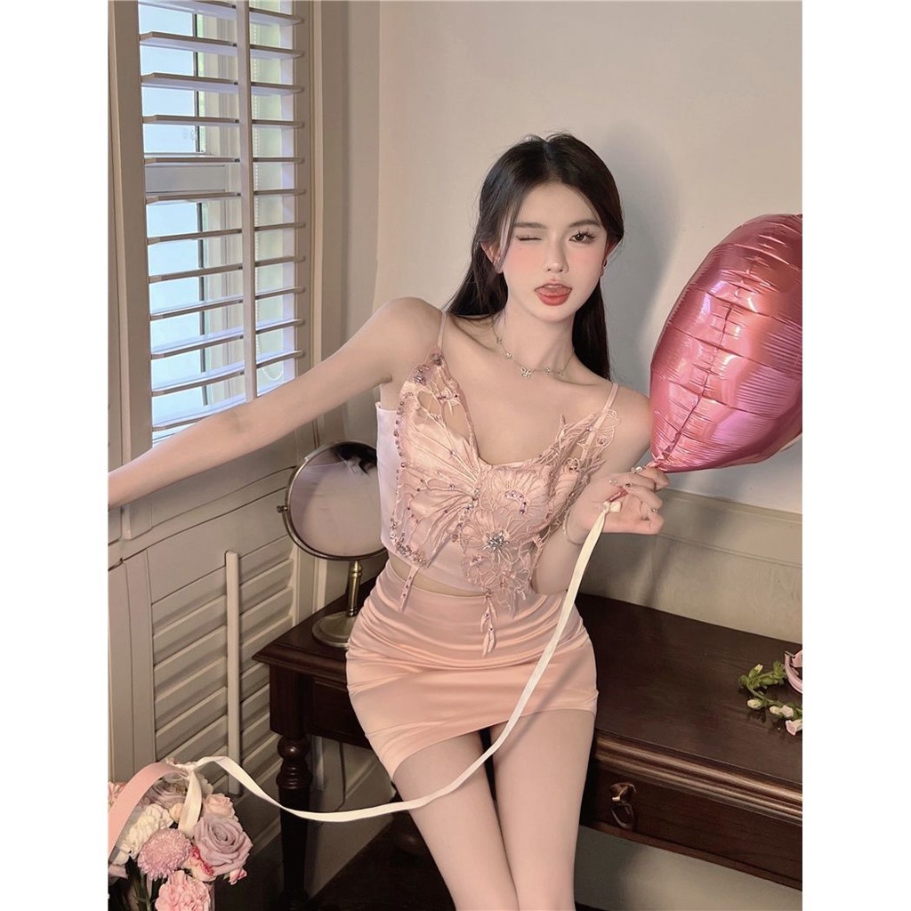 Suhao gadis keinginan murni merah muda bordir busur tube top berlian buatan tangan high-end suspender temperamen rok two-piece set