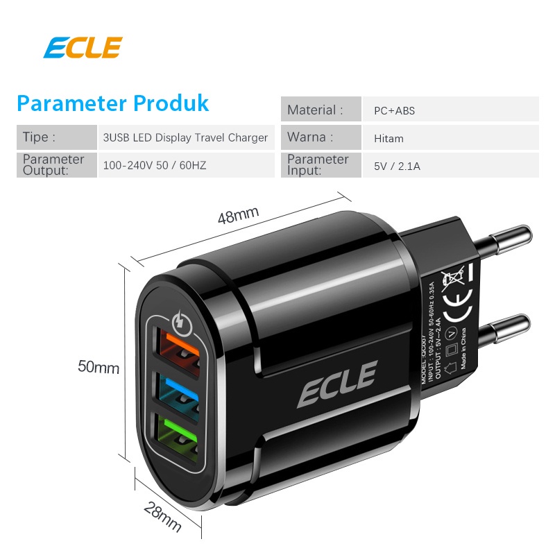 ECLE 3 USB Port Charger QC3.0 Fast Charging Power Oval 2.1A Casan