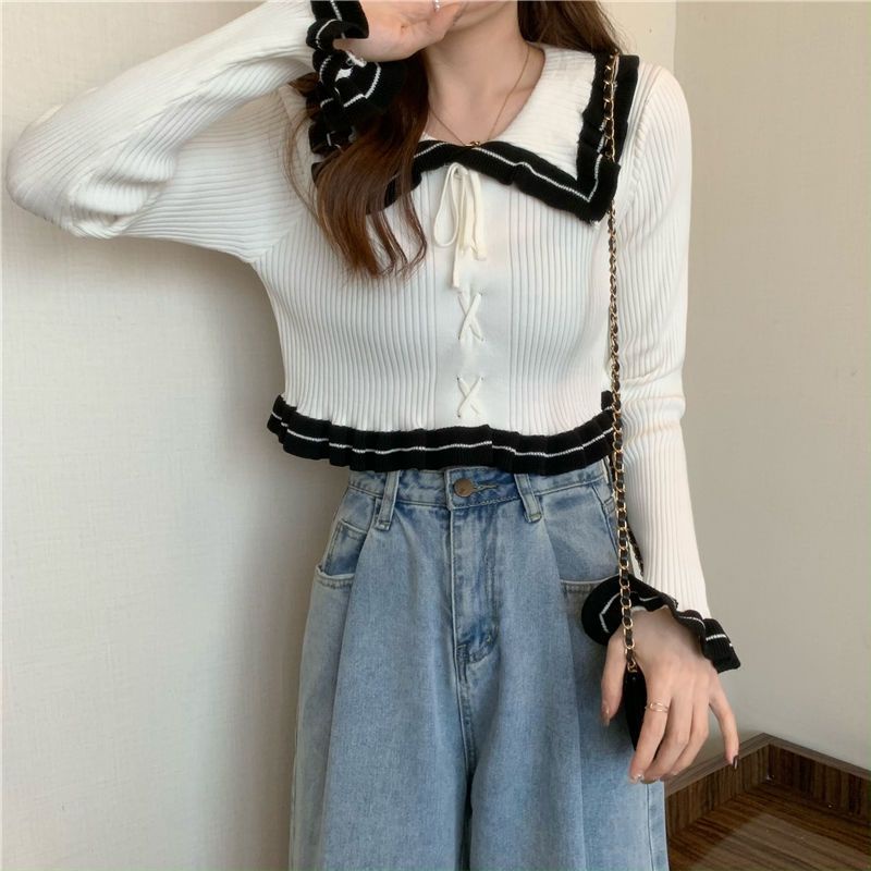 YIU YIU Rajut - Sweater Rajut Import Korea Atasan Casual Lengan Panjang Rajut Kantor Crop Top Long Sleeve