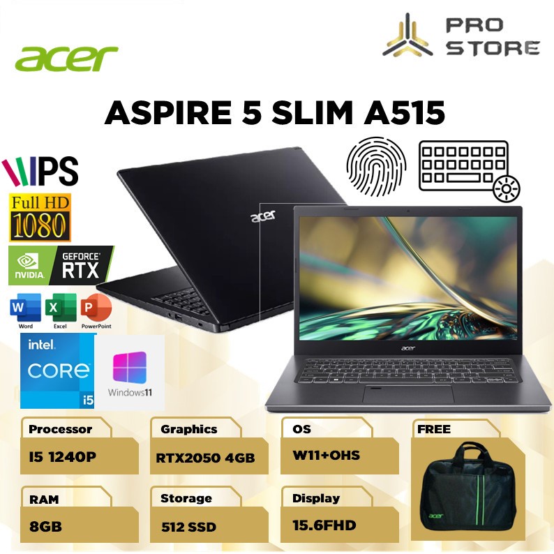 LAPTOP GAMING ACER ASPIRE 5 SLIM A515 RTX2050 4GB FHD IPS i5 1240P RAM 8GB 512GB W11